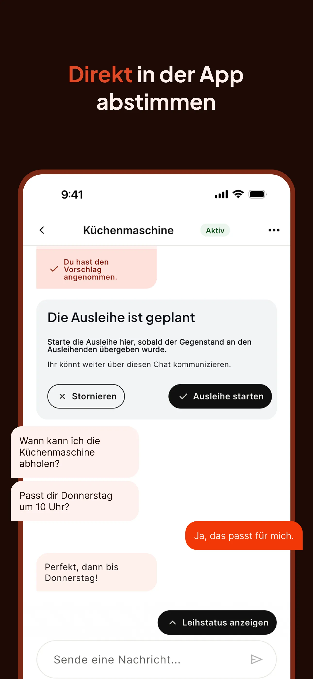 Store screenshot in German: arrange things directly in the app, a chat about a food processor with the card to start the loan.