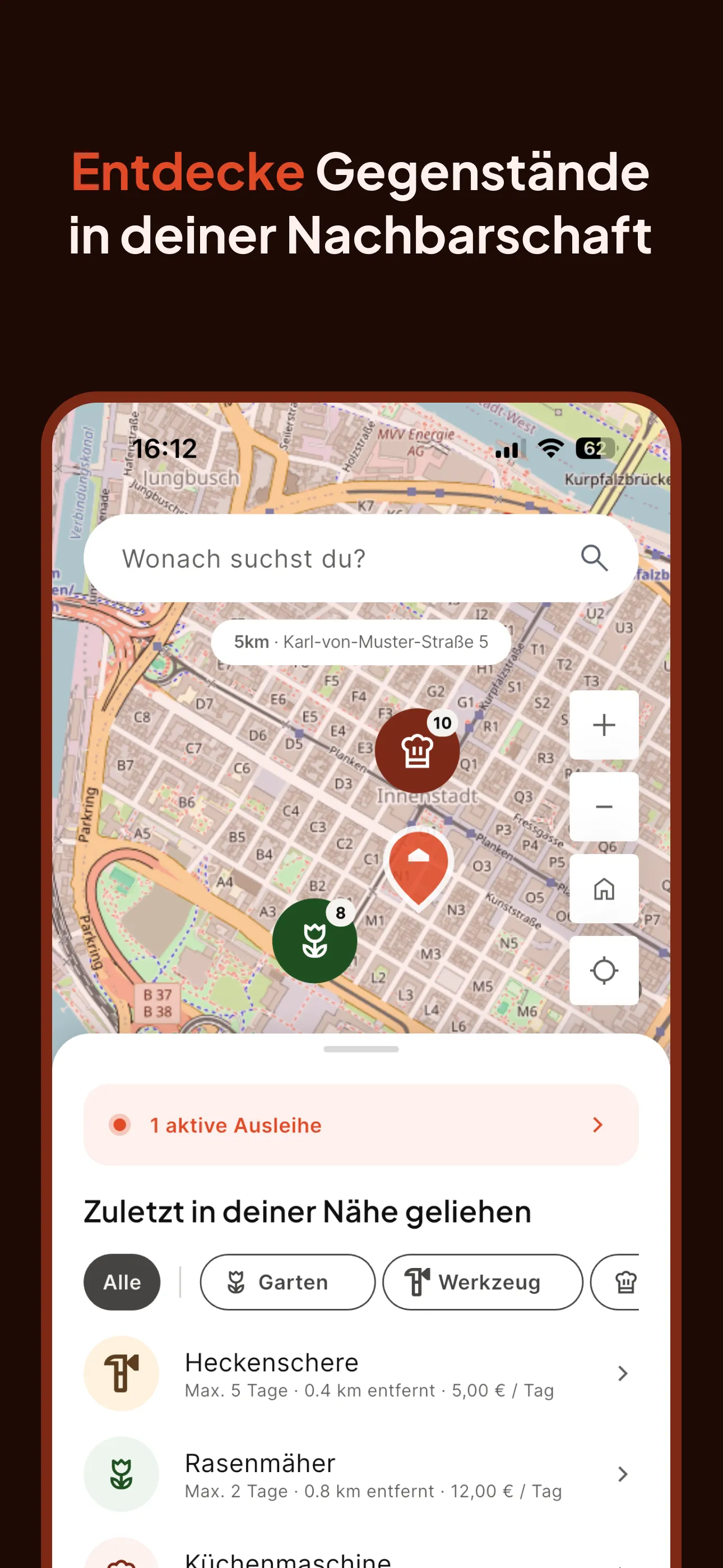 Store screenshot in German: discover items in your neighbourhood, a map with category pins and items nearby such as a hedge trimmer and a lawn mower.