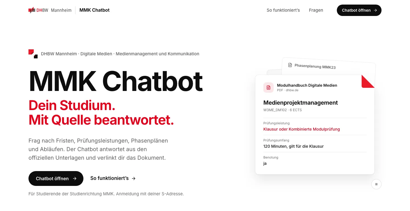 Home page of mmk-chatbot.com in German: the heading MMK Chatbot, the tagline Your studies, answered with a source, and a source card from the Digital Media module handbook.