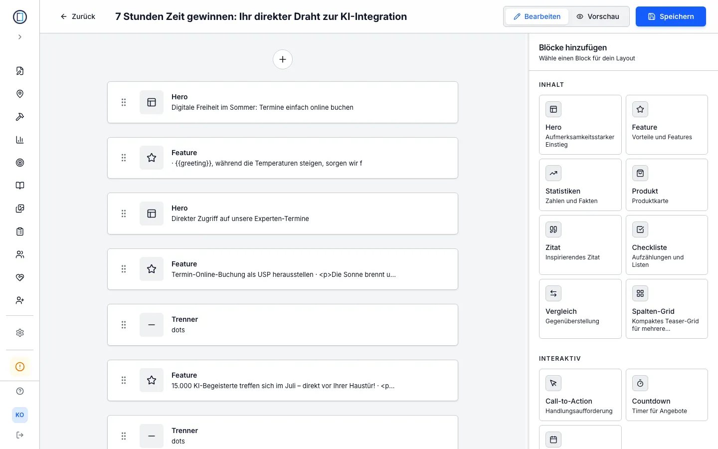 Newsletter-Editor in BLUNATECH: Blöcke wie Hero, Feature und Trenner untereinander, rechts die Blockauswahl mit Statistiken, Produkt, Zitat, Checkliste, Vergleich, Countdown.