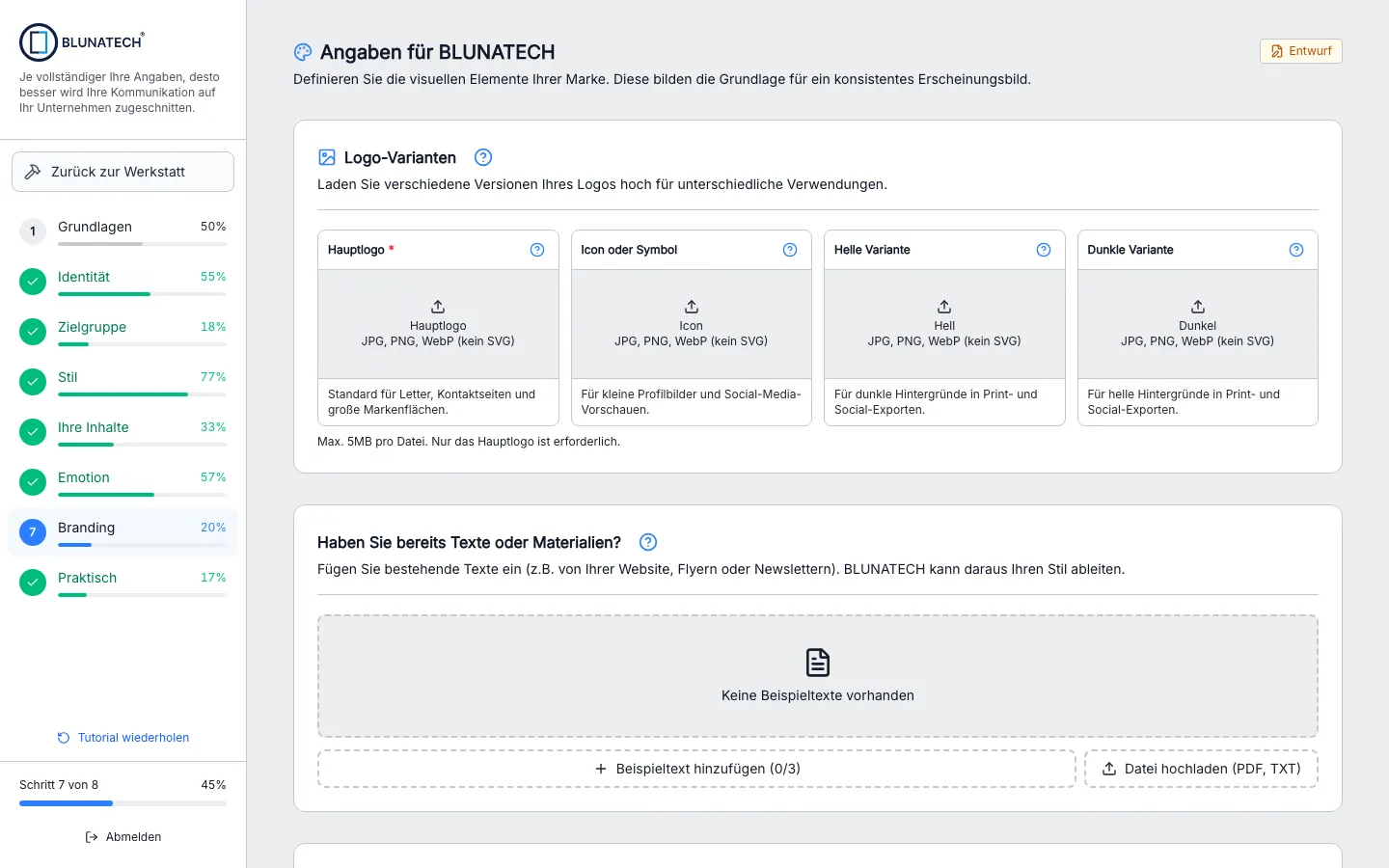 Onboarding-Schritt Branding in BLUNATECH: links die acht Schritte mit Fortschritt, rechts Felder für Logo-Varianten und bestehende Texte.
