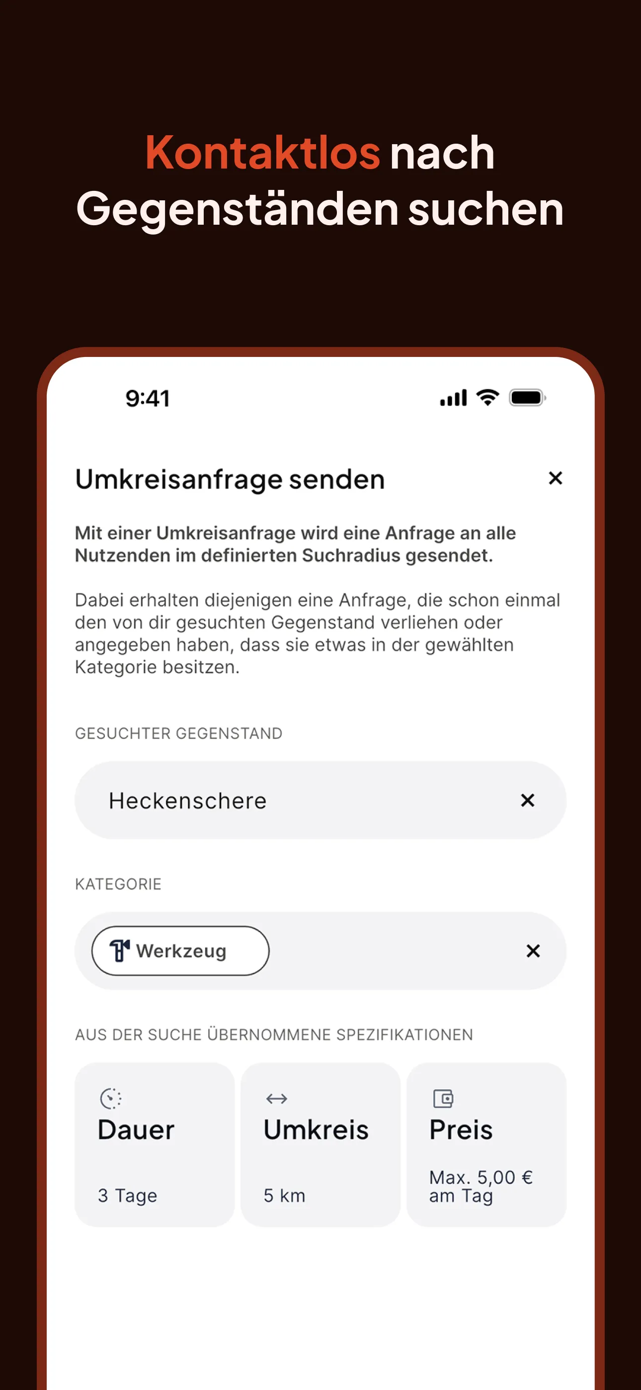 Store screenshot in German: search for items without contact, the radius request form with item, category, duration, radius and price.