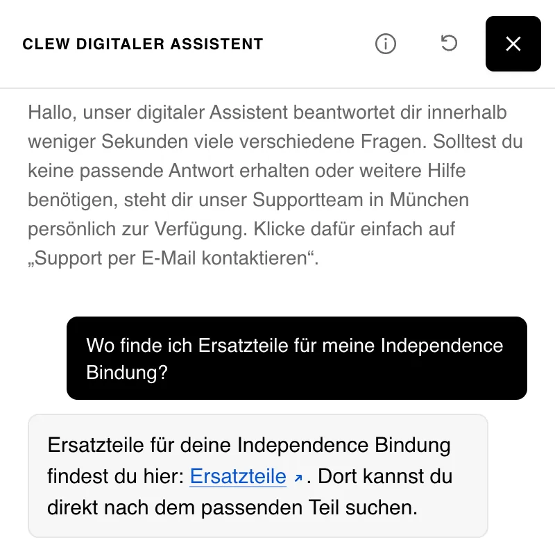 CLEW's digital assistant in German: a greeting, the question where to find spare parts for the Independence binding and the answer with a link to the spare parts page.